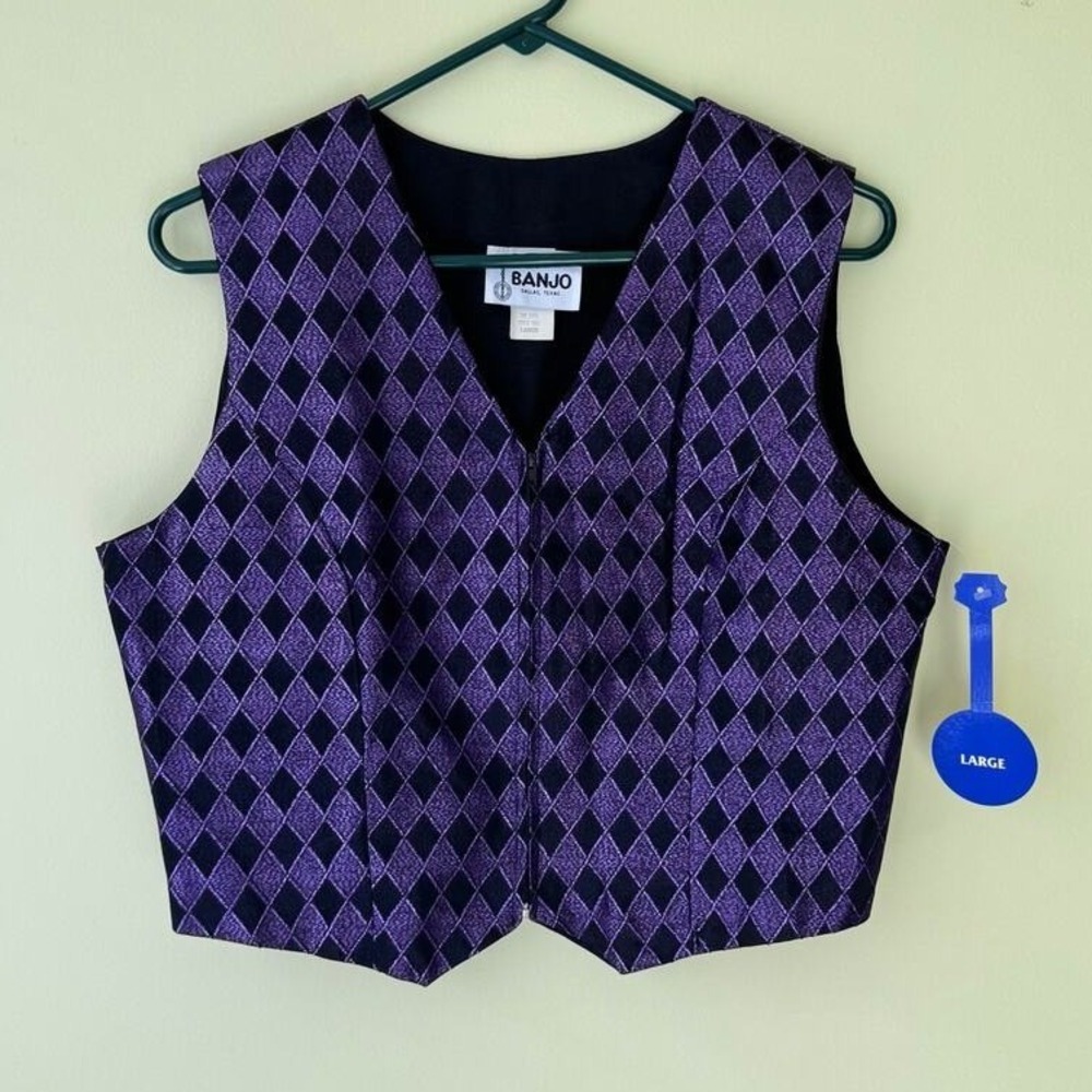NEW Banjo Womens Harlequin Diamond Zip Front Vest L Purple Rodeo Western Ranch